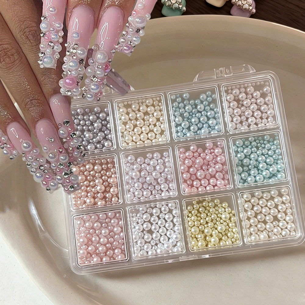 Tech Accessories Box - 12Grids Dopamine Round Pearl Nail Rhinestones